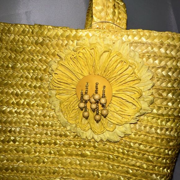 Large Yellow African Woven Straw Sisal Bucket Tote Straw Handbag Kente-styled - Picture 4 of 10